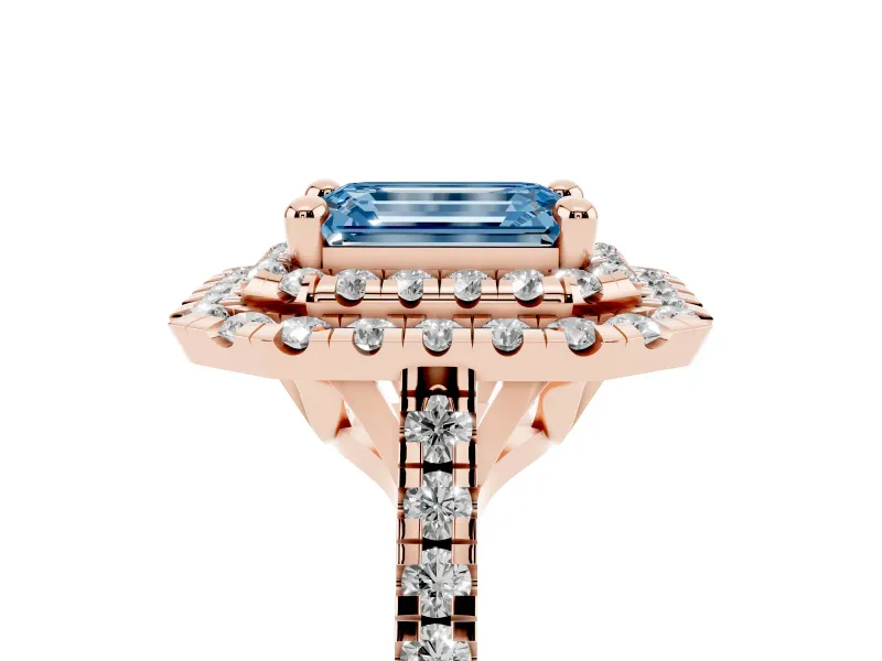 Fancy Blue Emerald Cut Diamond Double Halo Statement Ring Set in Rose gold with Pavé Band