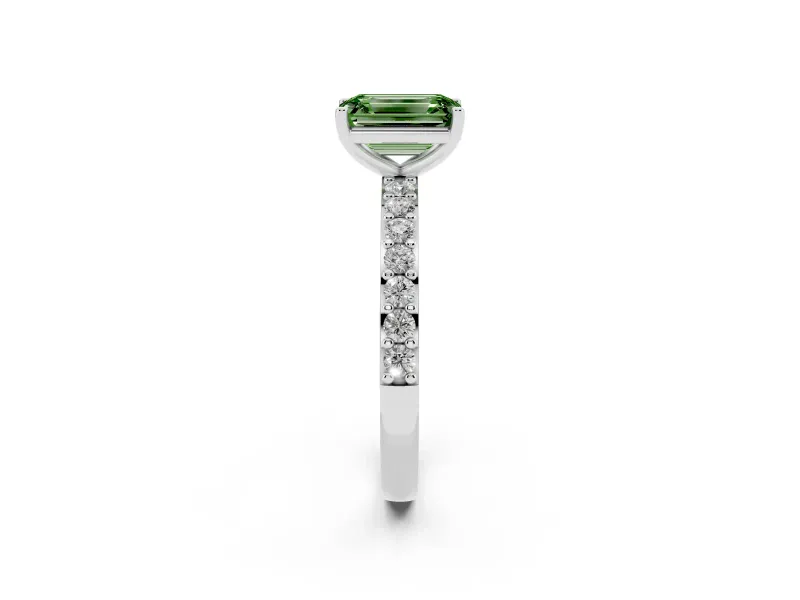 Fancy Green Emerald Cut Diamond Solitaire Set in White gold with Round Pavé Band and Prong Setting