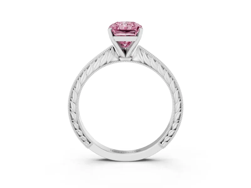 Fancy Pink Radiant Cut Diamond Solitaire Milgrain Engraved Band Set in White gold with Prong Setting