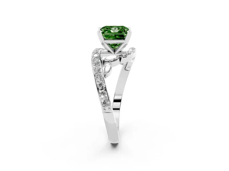 Fancy Green Princess Cut Diamond Solitaire Ring Set in Platinum with Pavé Twist Band and Secure Prong Setting
