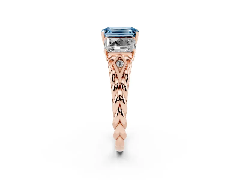 Fancy Blue Emerald Cut Diamond Three-Stone Ring Set in Rose gold with Braided Band