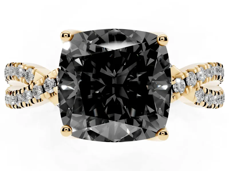 Cushion Cut Twisted Pavé Engagement Ring Setting for a Black Center | Split Shank | Yellow Gold