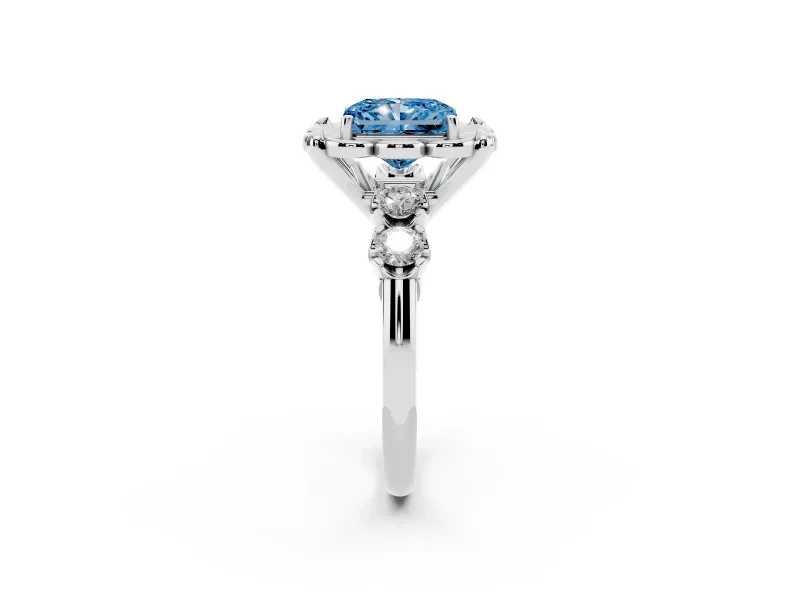 Fancy Blue Radiant Cut Diamond Floral Halo Ring Set in Platinum with Shared Prong Band