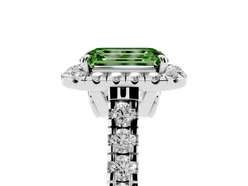 Emerald Cut Halo Engagement Ring Setting for a Fancy Green Lab-Grown Diamond | Shared Prong Shoulders | Sterling Silver