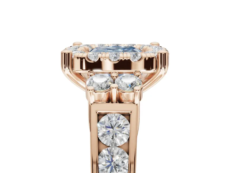 Cushion Cut Halo Engagement Ring Setting for a Fancy Blue Lab-Grown Diamond | Graduated Channel Band | Rose Gold