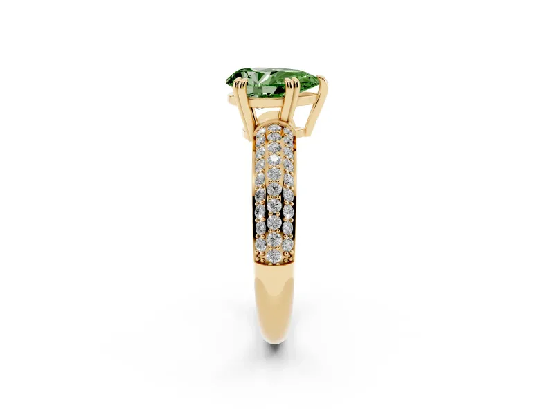 Pear-Shaped Three Row Pave Engagement Ring Setting for a Fancy Green Lab-Grown Diamond | Yellow Gold