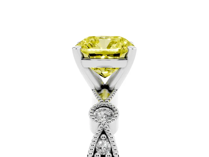 Fancy Yellow Cushion Cut Diamond Solitaire Engagement Ring Set in White gold with Milgrain Bezel Accent Band