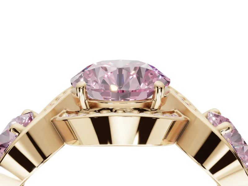 Round Three Stone Halo Engagement Ring Setting for a Fancy Pink Lab-Grown Diamond | Pavé Wave Band | Yellow Gold