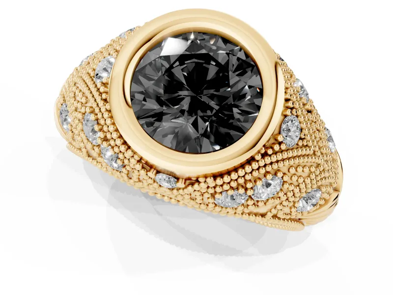 Fancy Black Round Cut Diamond Bezel Ring Set in Yellow gold with Milgrain Accent Band