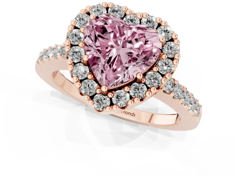 Fancy Pink Heart Cut Diamond Halo Pavé Solitaire Ring Set in Rose gold with Prong-Set Center Stone
