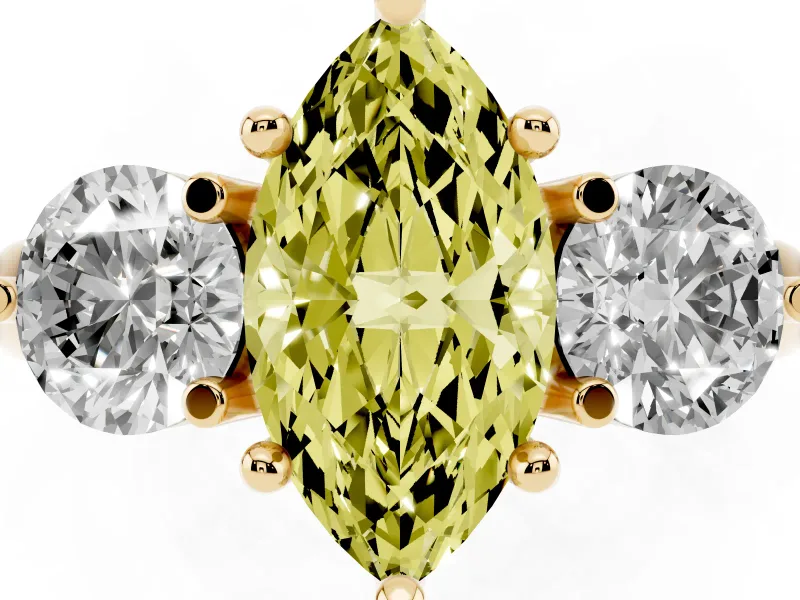 Fancy Yellow Marquise Cut Diamond Three-Stone Ring Set in Yellow gold with Prong Setting and Classic Band