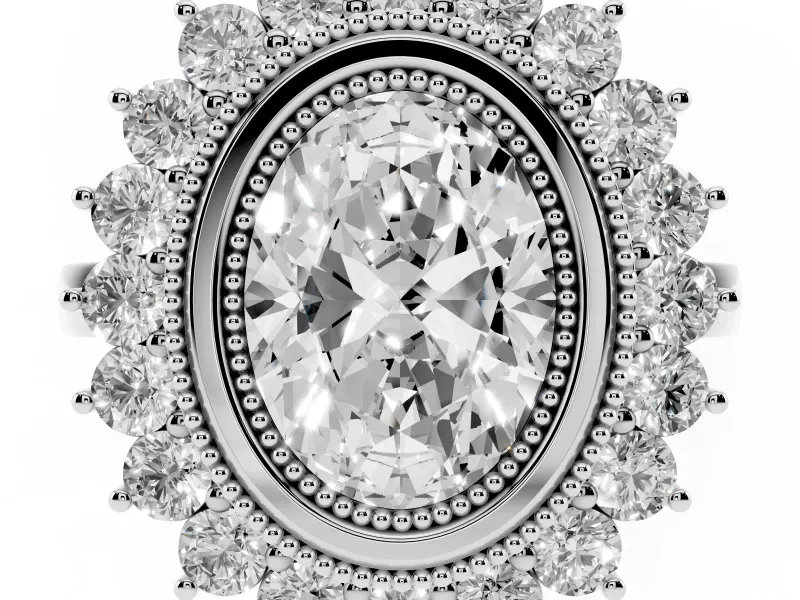 Oval Cut Diamond Halo Ring Set in White gold with Milgrain Edge and Round Prong Setting