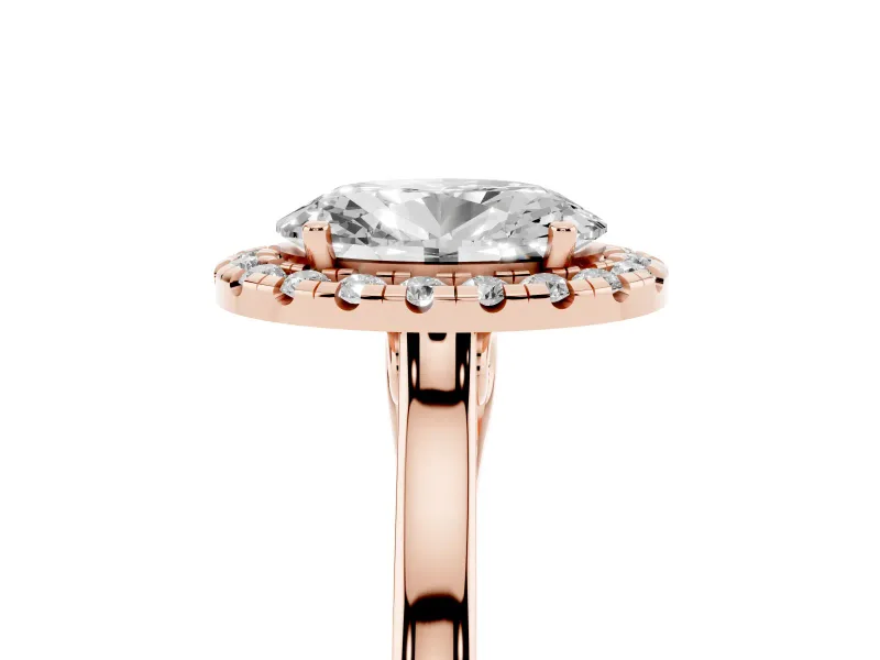 Oval Cut Halo Round Diamond Solitaire Ring Set in Rose gold with Pavé Band and Prong Setting