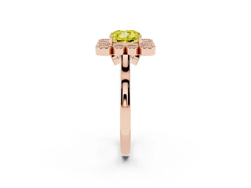 Cushion Cut Milgrain Cluster Halo Engagement Ring Setting for a Fancy Yellow Lab-Grown Diamond | Plain Band | Rose Gold