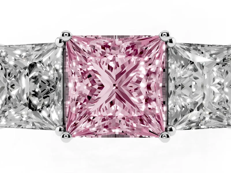 Princess Cut Three Stone Engagement Ring Setting for a Fancy Pink Lab-Grown Diamond | Beaded Shoulders | Platinum