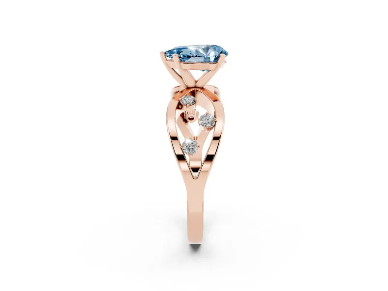 Fancy Blue Pear Cut Diamond Solitaire Ring Set in Rose gold with Side Stones on Criss-Cross Band and Prong Setting