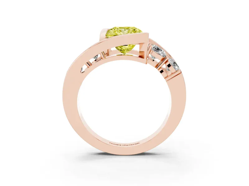 Fancy Yellow Princess Cut Diamond Bezel Bypass Ring Set in Rose gold with Round Accents