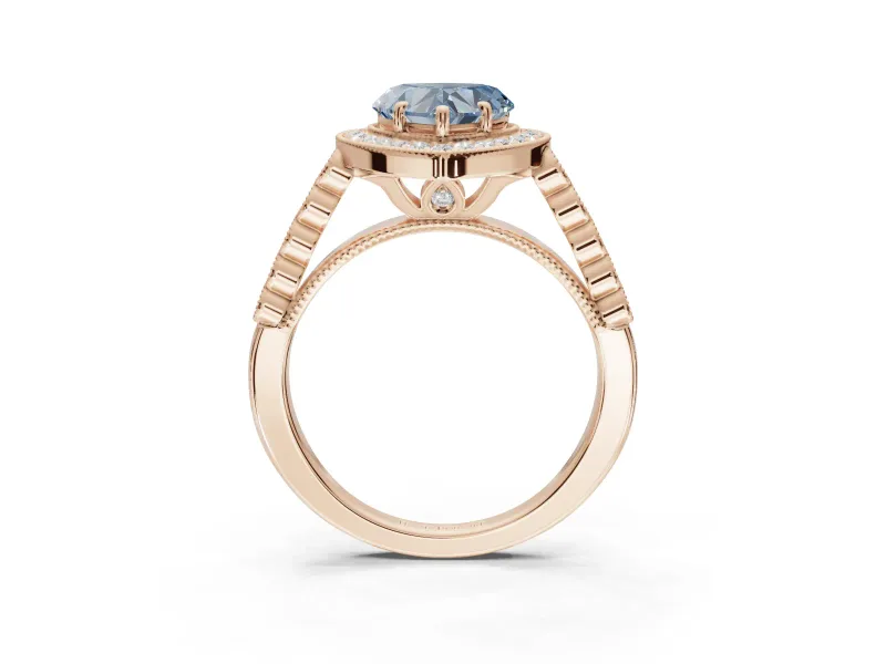 Heart-Shaped Graduated Milgrain Halo Engagement Ring Setting for a Fancy Blue Lab-Grown Diamond | Rose Gold