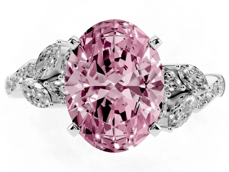 Fancy Pink Oval Cut Diamond Solitaire Ring Set in White gold with Marquise Twist Band and Prong Setting