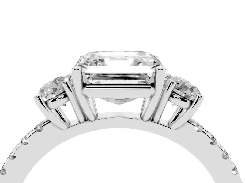 Asscher Cut Three Stone Engagement Ring Setting | Pave Shoulders | White Gold
