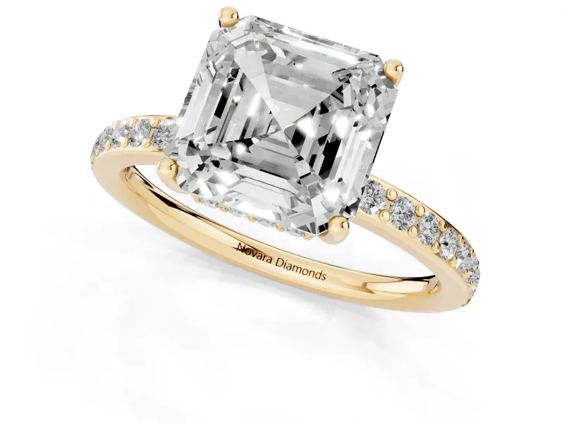 Asscher Cut Diamond Pavé Band Ring Set in Yellow gold with Prong-Set Center Stone