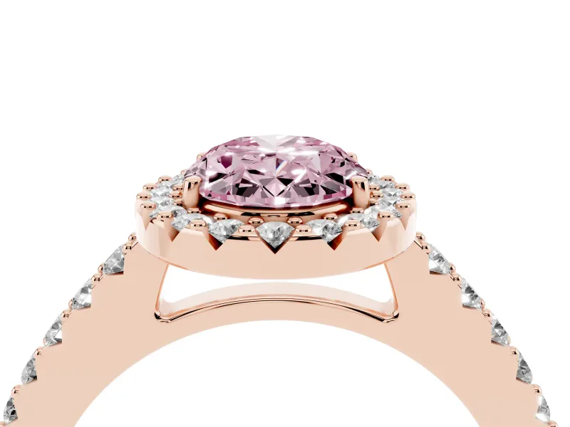 Fancy Pink Oval Cut Diamond Halo Pavé Solitaire Ring Set in Rose gold with Prong-Set Center Stone