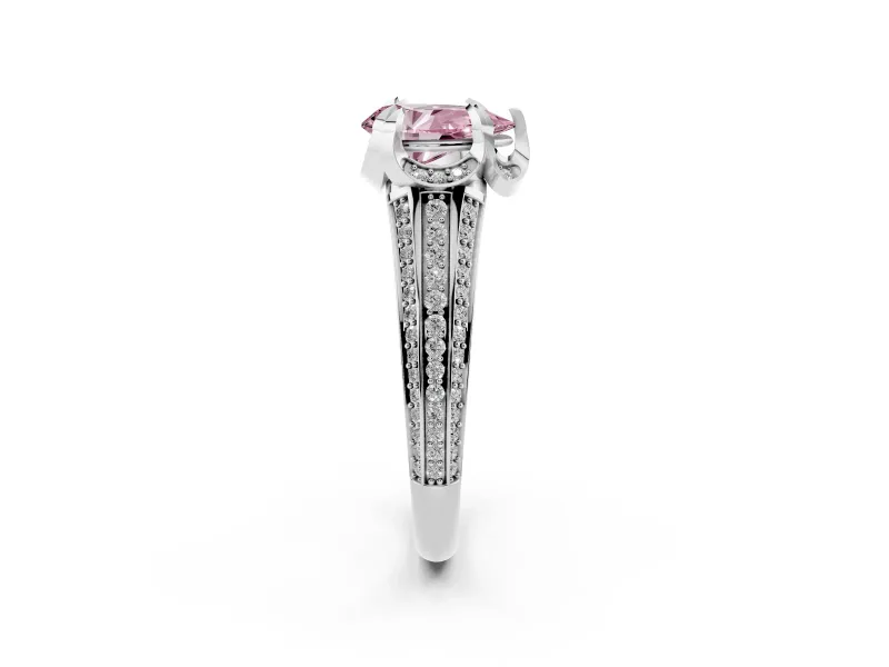 Fancy Pink Pear Cut Diamond Pavé Split Shank Solitaire Ring Set in Silver with Prong Setting