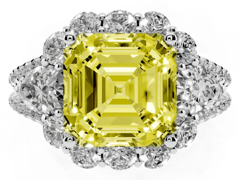 Fancy Yellow Asscher Cut Diamond Halo Split Shank Engagement Ring Set in Platinum with Prong-Held Center Stone