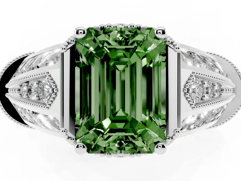 Fancy Green Emerald Cut Diamond Vintage-Inspired Milgrain Ring Set in Silver with Accent Split Shank