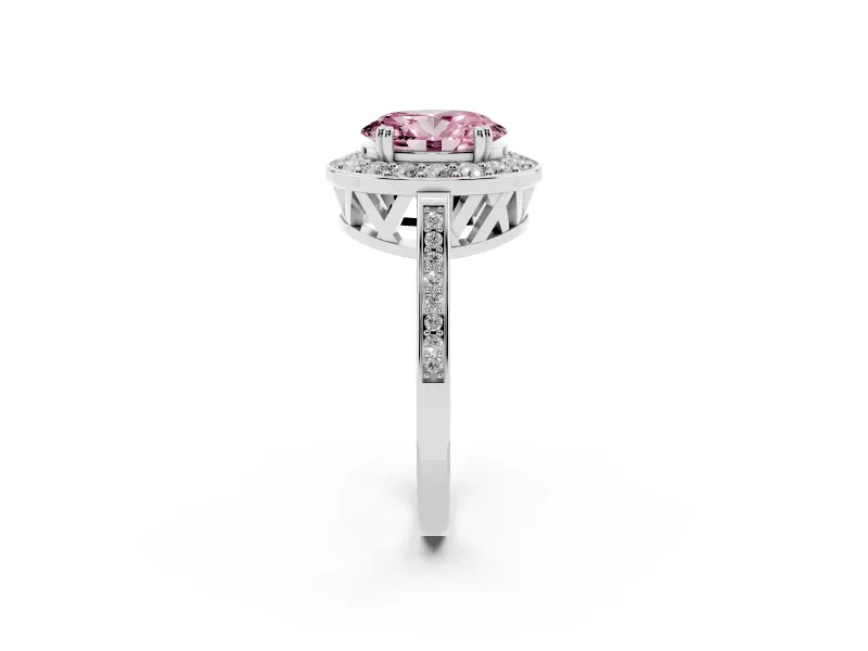 Fancy Pink Oval Cut Diamond Halo Ring Set in Platinum with Accent-Lined Split Shank and Prong Setting