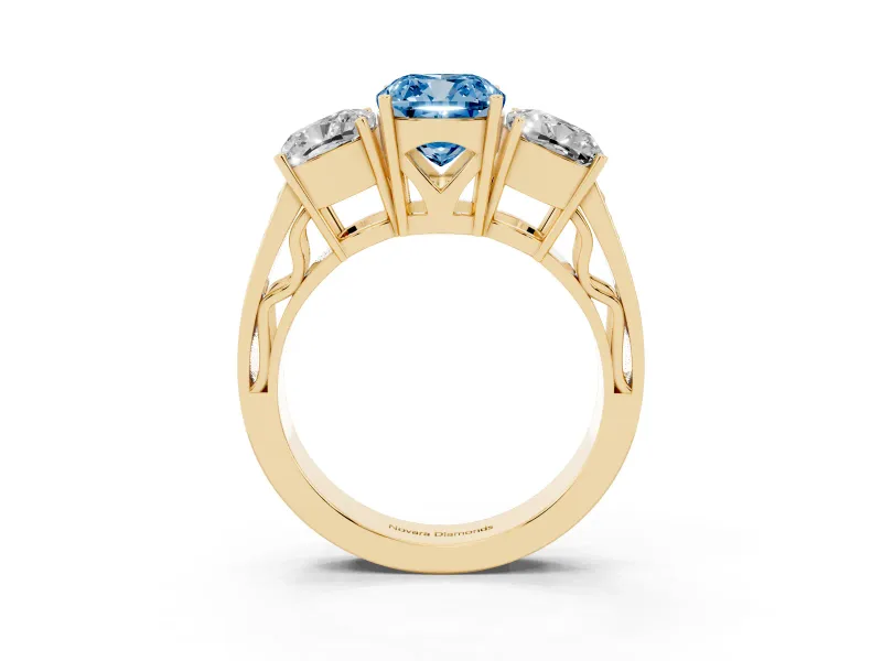 Fancy Blue Cushion Cut Diamond Three-Stone Ring Set in Yellow gold with Textured Band