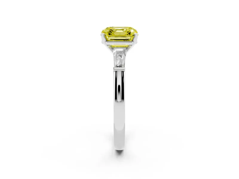 Fancy Yellow Asscher Cut Diamond Solitaire Ring Set in Platinum with Tapered Baguette Side Stones and Prong Setting