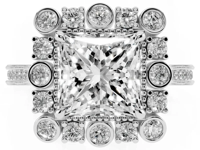 Princess Cut Diamond Halo Milgrain Pavé Ring Set in Platinum with Prong Setting