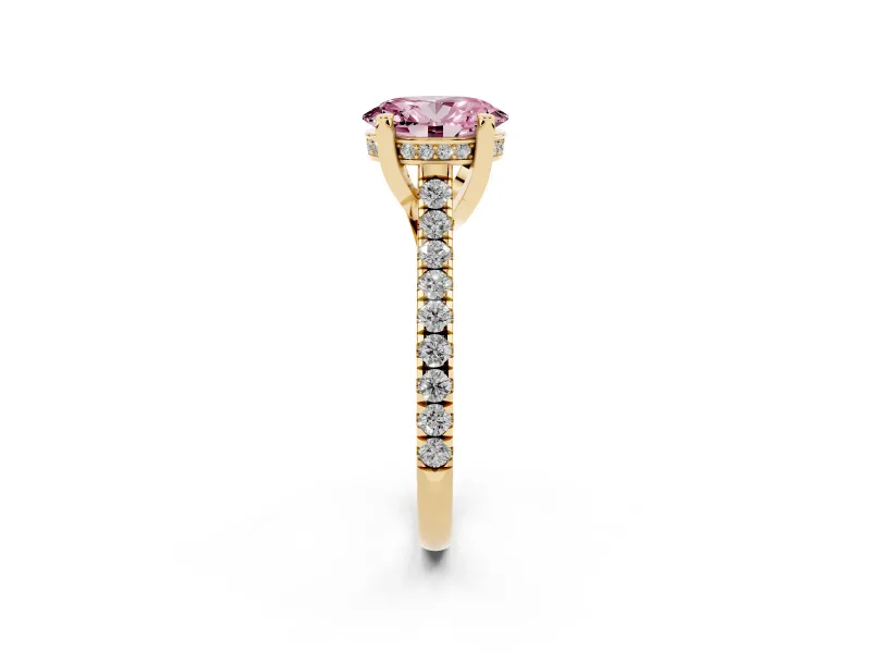 Oval Hidden Halo Pave Engagement Ring Setting for a Fancy Pink Lab-Grown Diamond | Claw Prongs | Yellow Gold