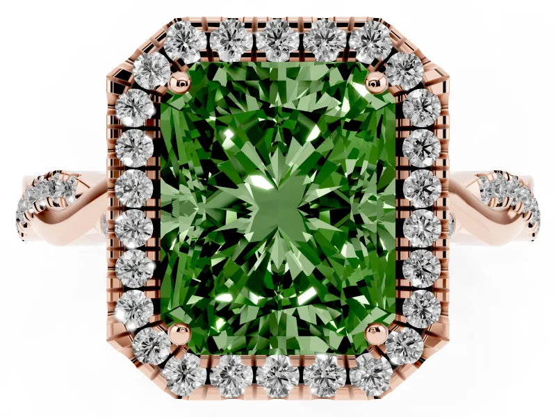 Radiant Cut Twist Halo Engagement Ring Setting for a Fancy Green Lab-Grown Diamond | Rose Gold