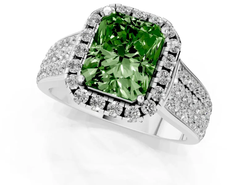 Radiant Cut Pavé Engagement Ring Setting for a Fancy Green Lab-Grown Diamond | Wide Three-Row Band | Platinum