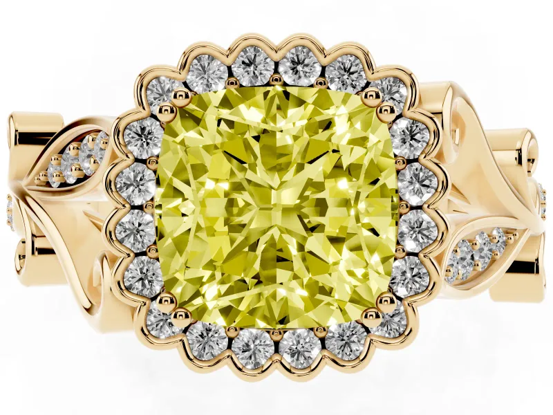 Cushion Cut Leaf Halo Engagement Ring Setting for a Fancy Yellow Lab-Grown Diamond | Yellow Gold