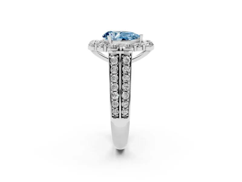Fancy Blue Pear Cut Diamond Halo Engagement Ring Set in Silver with Split Shank and Prong Setting
