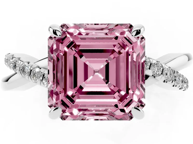 Fancy Pink Asscher Cut Diamond Twist Band Solitaire Set in Platinum with Pavé Accents and Prong Setting