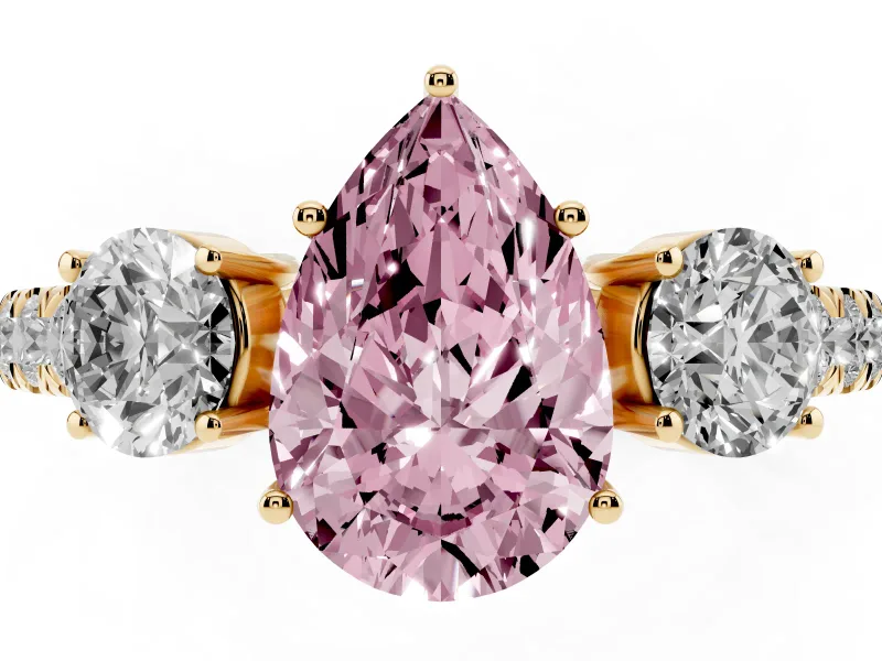 Pear-Shaped Engagement Ring Setting for a Fancy Pink Lab-Grown Diamond | Three Stone | Yellow Gold