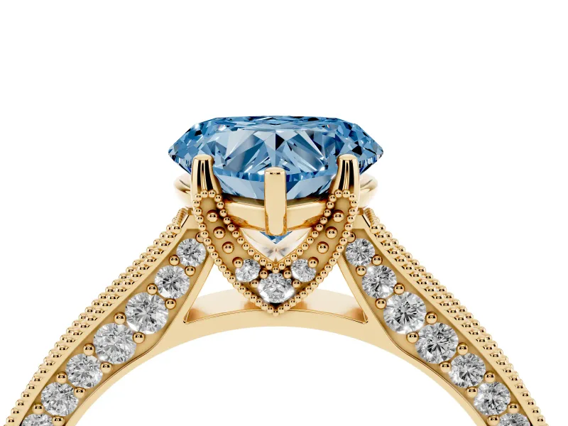 Heart-Shaped Hidden Halo Engagement Ring Setting for a Fancy Blue Lab-Grown Diamond | Milgrain Pave | Yellow Gold