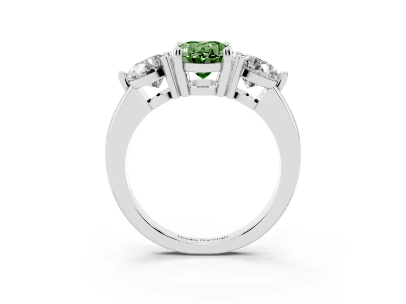 Oval Three Stone Engagement Ring Setting for a Fancy Green Lab-Grown Diamond | Open Prong Baskets | Sterling Silver