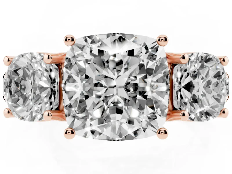 Cushion Cut Three Stone Engagement Ring Setting | Accented Shoulders | Rose Gold