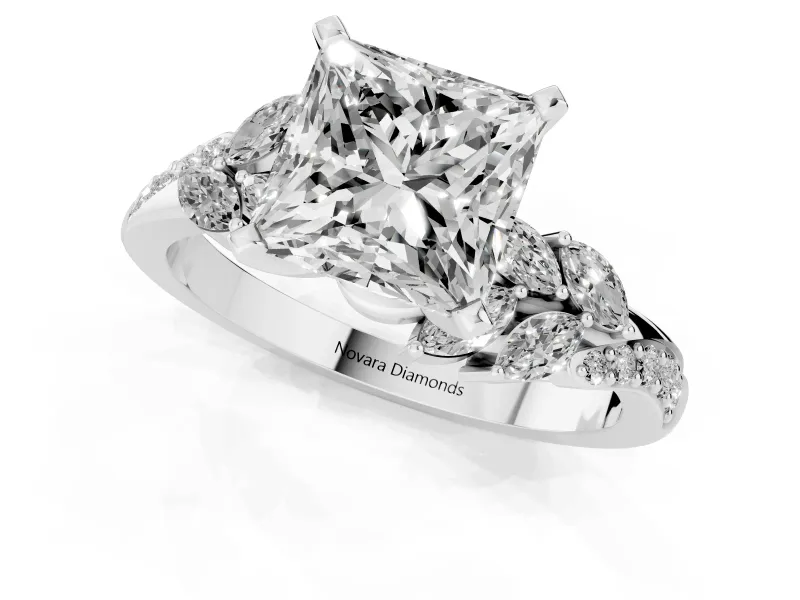 Princess Cut Floral Engagement Ring Setting | Marquise Side Stones | Sterling Silver