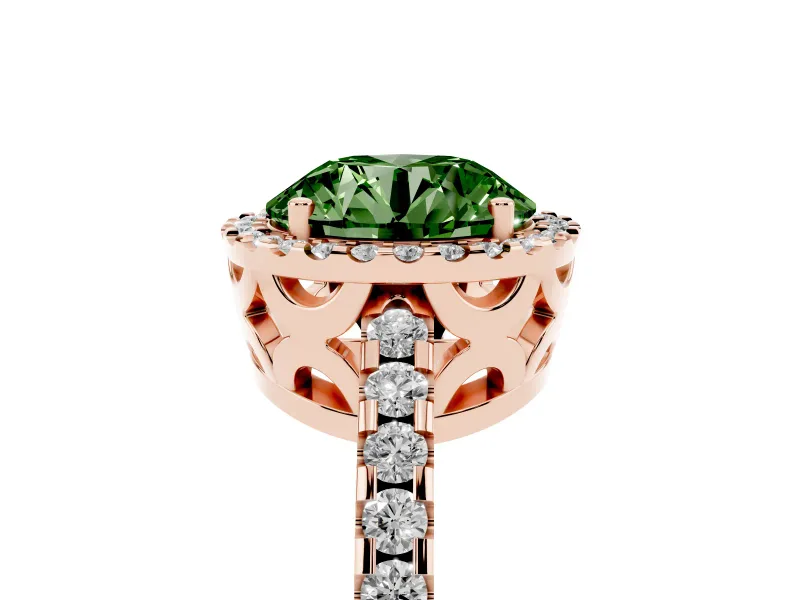 Round Halo Engagement Ring Setting for a Fancy Green Lab-Grown Diamond | Half Pave Band | Rose Gold