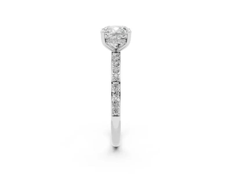 Cushion Cut Diamond Pavé Band Ring Set in Platinum with Prong-Set Center Stone