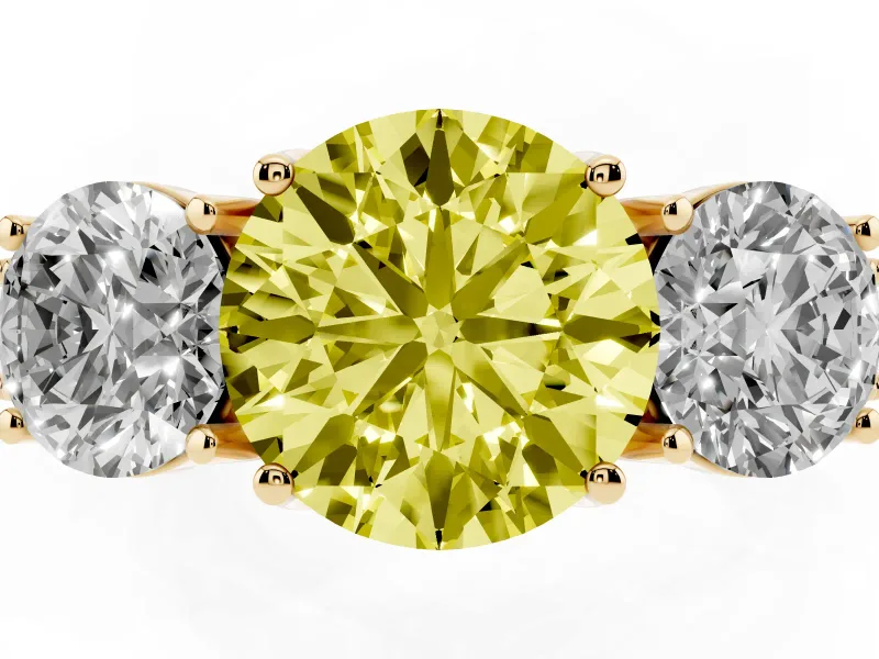 Round Vintage Three Stone Engagement Ring Setting for a Fancy Yellow Lab-Grown Diamond | Yellow Gold