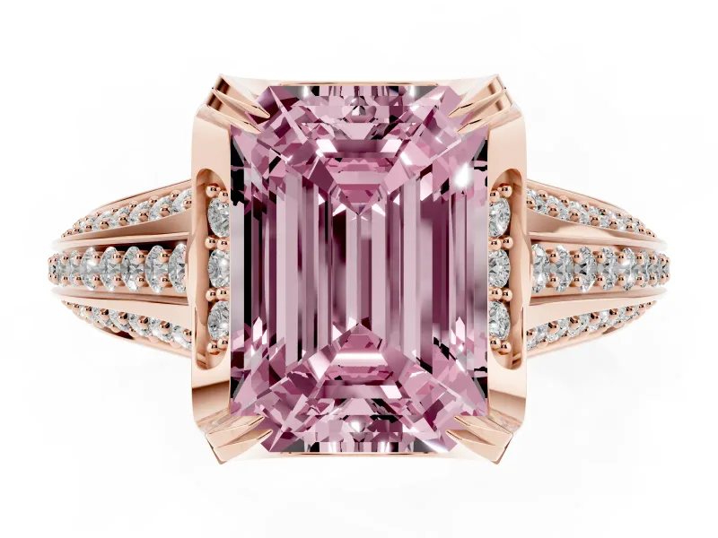Fancy Pink Emerald Cut Diamond Pavé Split Shank Solitaire Ring Set in Rose gold with Prong Setting