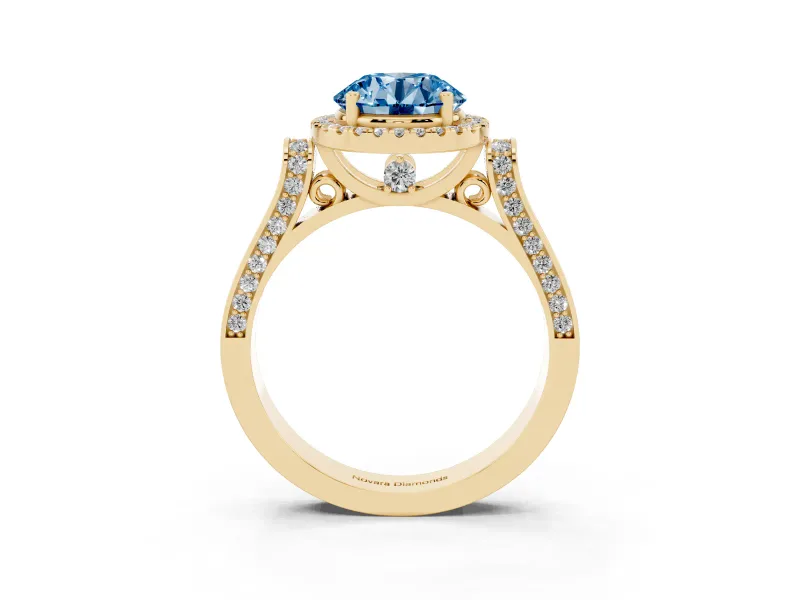 Round Pavé Halo Engagement Ring Setting for a Fancy Blue Lab-Grown Diamond | Yellow Gold
