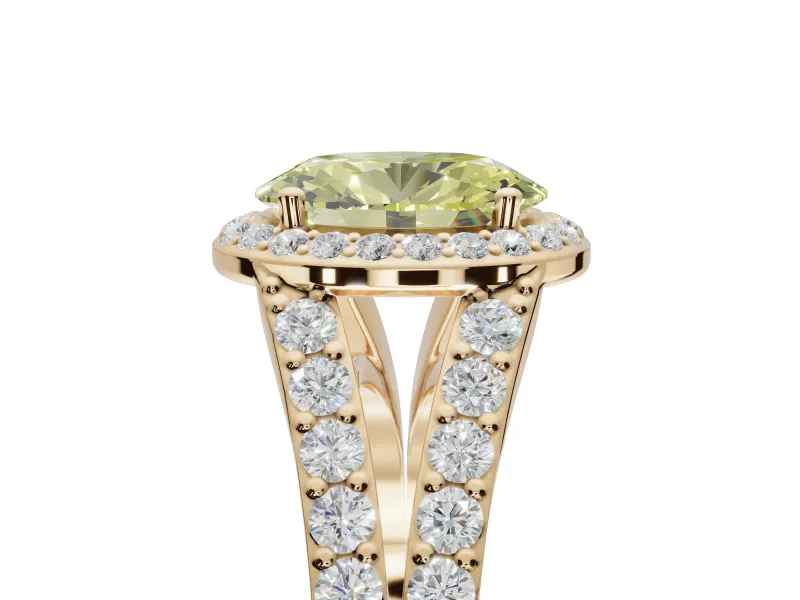 Oval Halo Pavé Engagement Ring Setting for a Fancy Yellow Lab-Grown Diamond | Narrow Split Shank | Yellow Gold